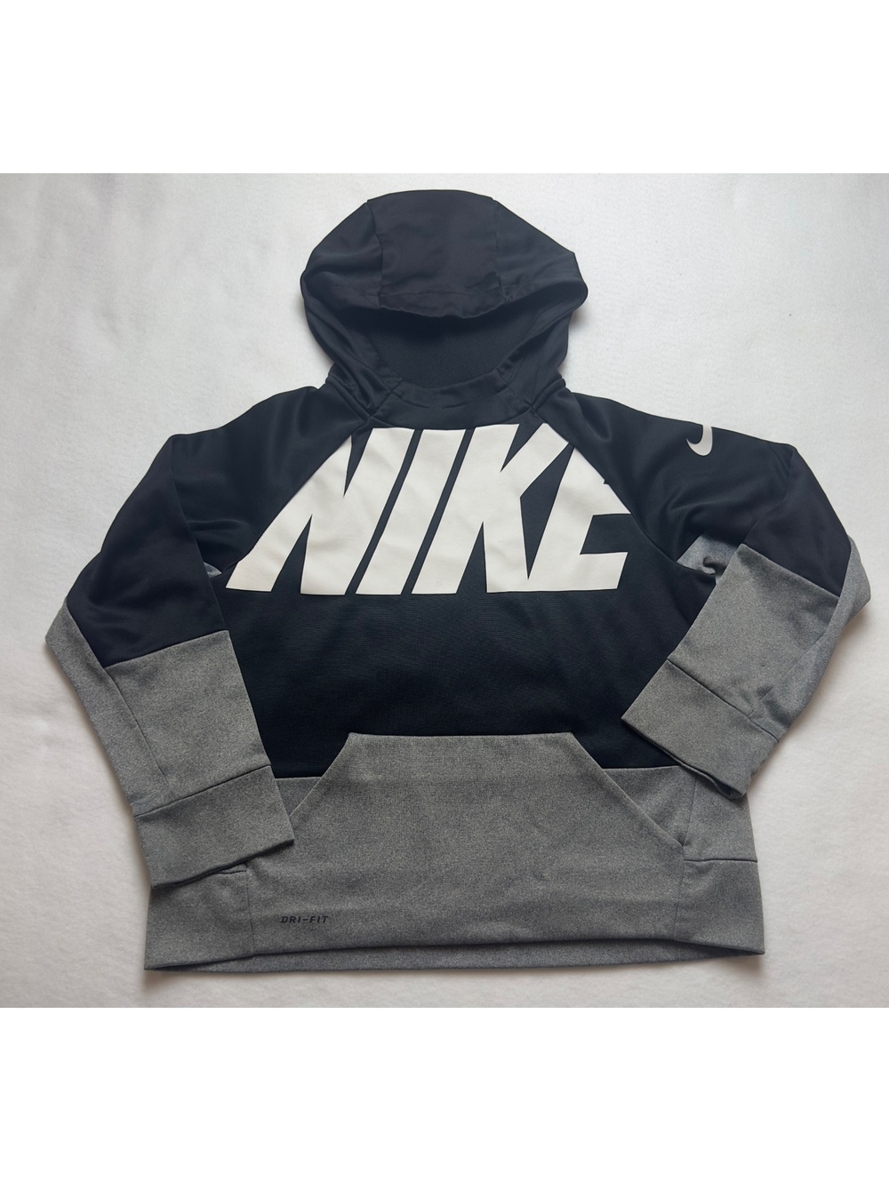 Nike Dri-FIT Kids Hoodie Black Gray Big Logo Pullover Athletic Sweatshirt